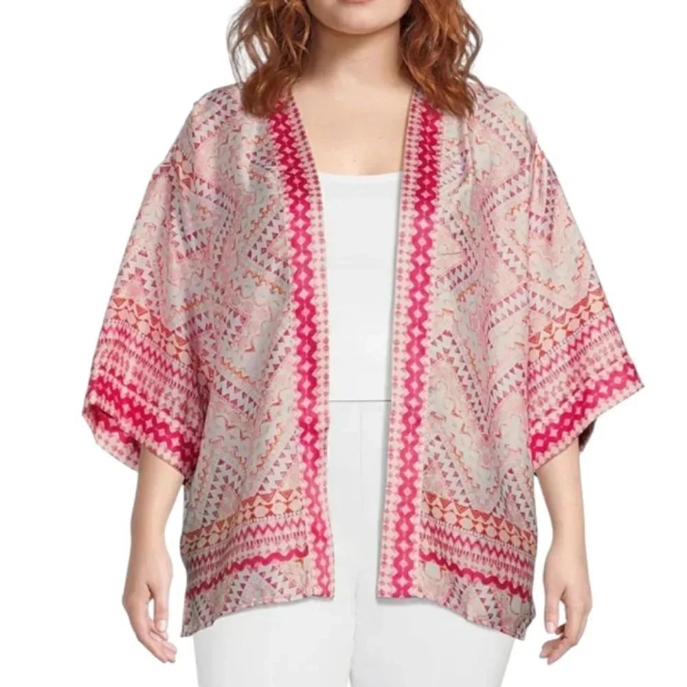 Slim Factor by Investments Plus Mosaic Tile Open Front Short Sleeve Kimono Pink